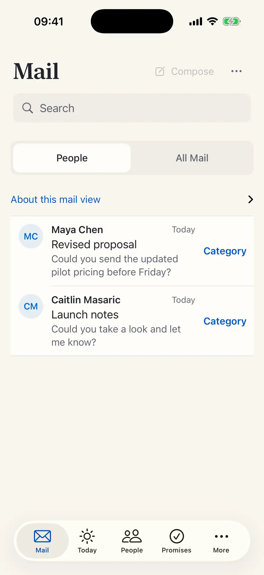 Mail, with Important, Other, Newsletters, Receipts, and Social.